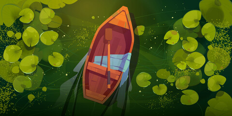 Swamp with boat and water lily leaves top view. Vector cartoon landscape of green lake or river surface with water plants and empty wooden rowboat with one oar