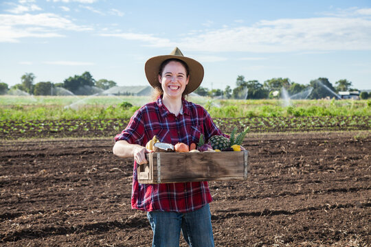 Person holding box of fresh fruit and veg outside on a farm