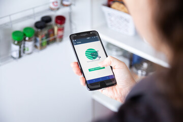 Start shopping - online grocery shopping app concept oh phone in front of pantry