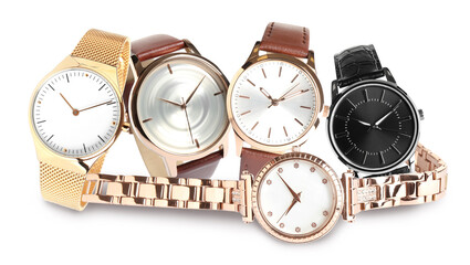 Collage of stylish watches on white background, banner design