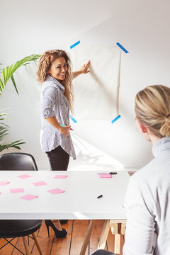 Salesperson demonstrating her pitch on a blank poster on the wall