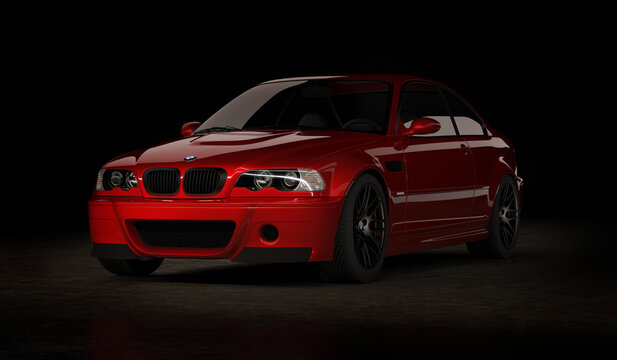 Almaty, Kazakhstan - Oktober 19, 2020: BMW M3 E46 csl sports car on the dark background. 3d render
