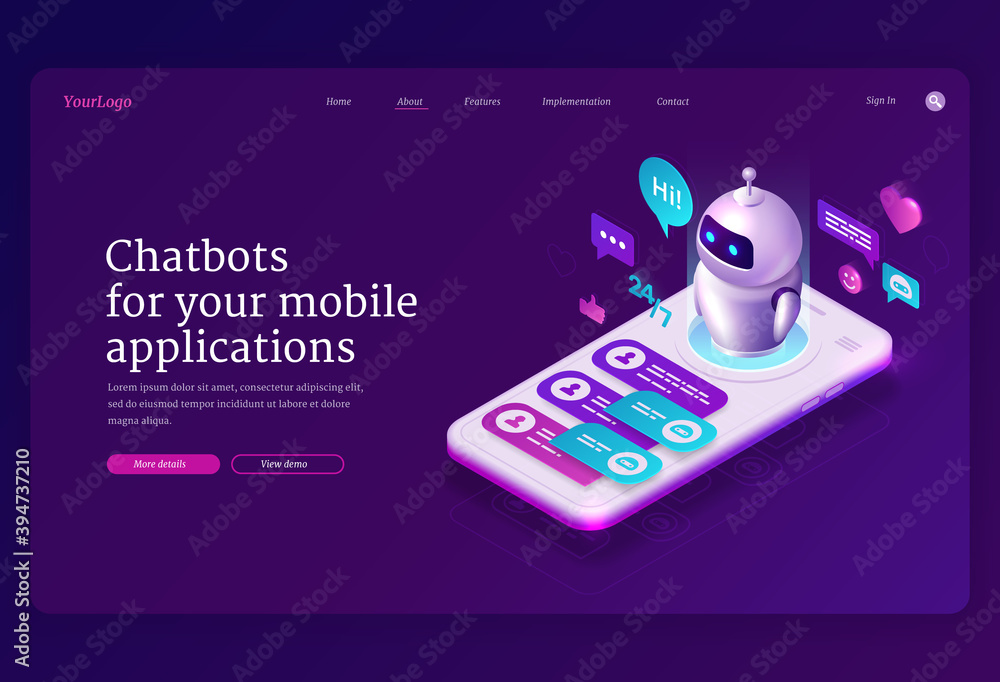 Poster mobile chatbot app isometric landing page, application for sms messaging, smartphone interface with 