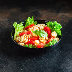 pasta salad fusilli tomato snack vegetable lettuce healthy gluten free ingredient vitamin top view copy space for text food background 