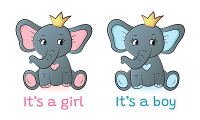 Boy and girl elephants. Baby shower invitation. Vector illustration