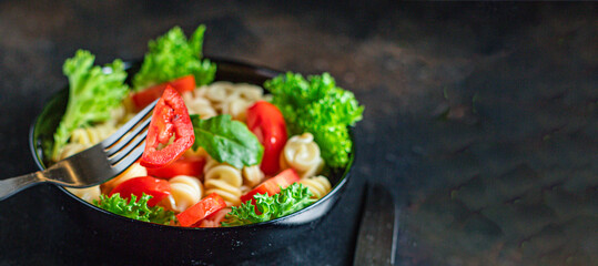pasta salad fusilli tomato snack vegetable lettuce healthy gluten free ingredient vitamin top view copy space for text food background 