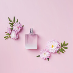 A bottle of perfume, flowers and petals on pink background.