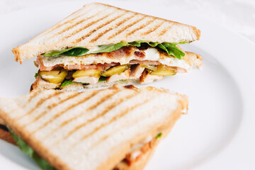 Fast food sandwich on a plate in a restaurant on a light background side view