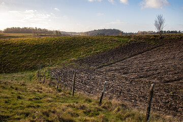 Fence follow a curved field in a rural landscape. Plowed field is on the other side of the fence.