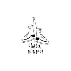 Vector illustration with skates and text Hello winter.