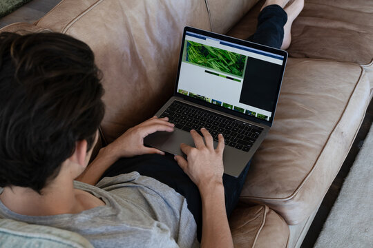 Young guy using laptop whilst relaxing on sofa at home