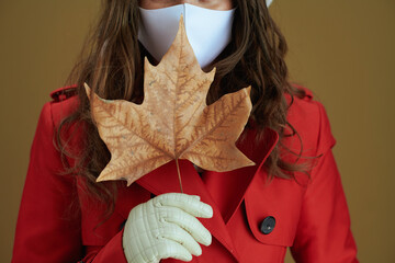 Stylish woman in red coat isolated on bronze background
