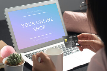 Woman Hands holding credit card and using Smartphone to Pay shopping online mobile payment