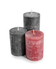 Wax candles on white background