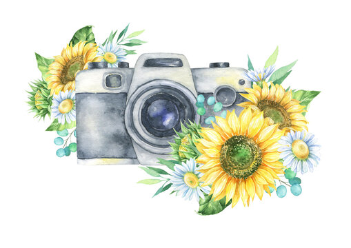 Watercolor retro vintage camera with sunflowers and daisies photo photographer