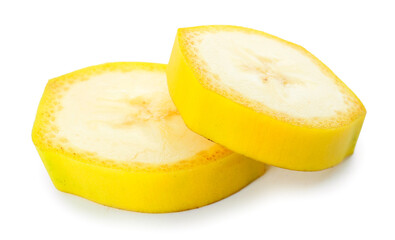 Slices of tasty banana on white background