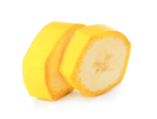 Slices of tasty banana on white background