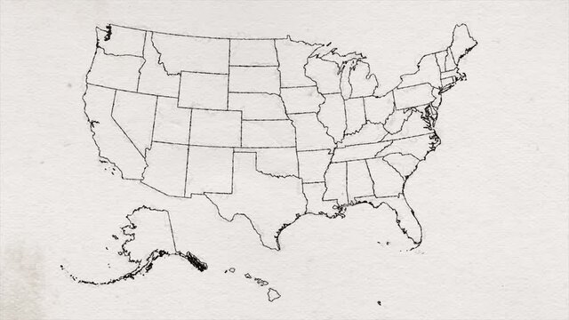 USA American Map Drawing Texture By States Animation/ 4k animated simple and minimal drawing american map intro background with states appearing