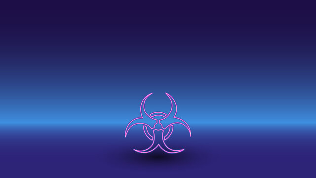 Neon biohazard symbol on a gradient blue background. The isolated symbol is located in the bottom center. Gradient blue with light blue skyline