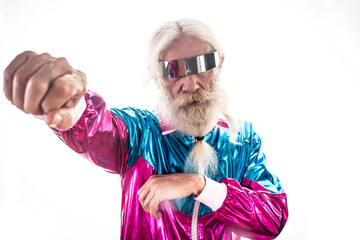 Fashionable grandfather posing with funny clothes.