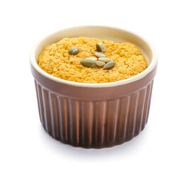 Tasty pumpkin pudding on white background