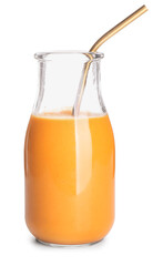 Bottle of tasty pumpkin smoothie on white background