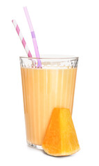 Glass of tasty pumpkin smoothie on white background