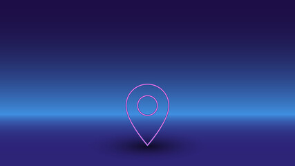 Neon location symbol on a gradient blue background. The isolated symbol is located in the bottom center. Gradient blue with light blue skyline