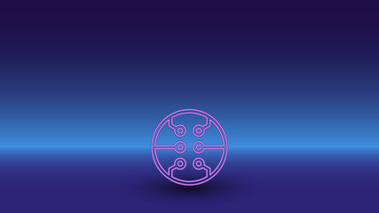 Neon microcircuit symbol on a gradient blue background. The isolated symbol is located in the bottom center. Gradient blue with light blue skyline