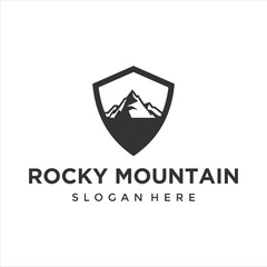  rock mountain with shield logo design vector