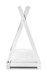 Child's bed with modern orthopedic mattress on white background