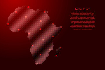 Africa map from red pattern slanted parallel lines and glowing space stars grid. Vector illustration.