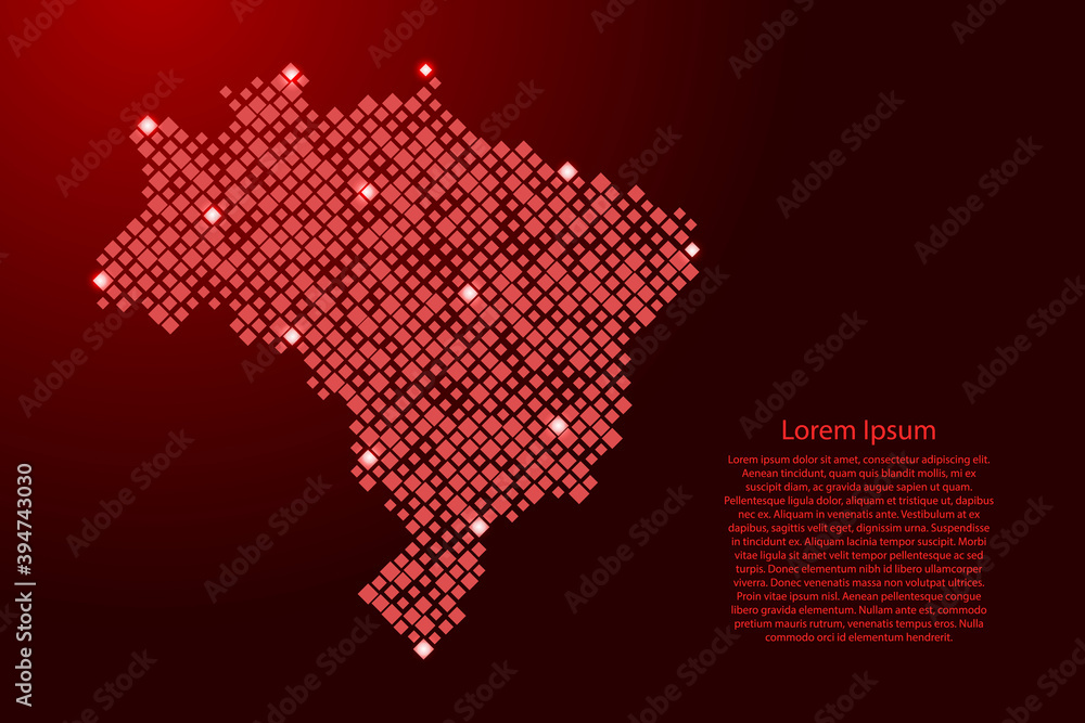 Aufkleber brazil map from red pattern rhombuses of different sizes and glowing space stars grid. vector illust