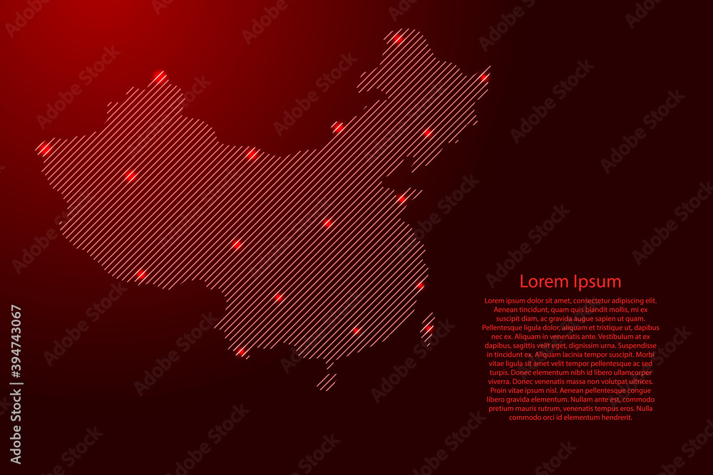 Aufkleber china map from red pattern slanted parallel lines and glowing space stars grid. vector illustration.