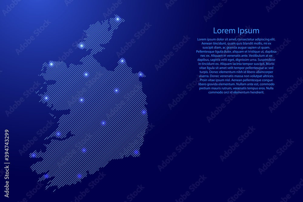 Poster ireland map from blue pattern slanted parallel lines and glowing space stars grid. vector illustrati