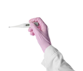 Hand of doctor with thermometer on white background