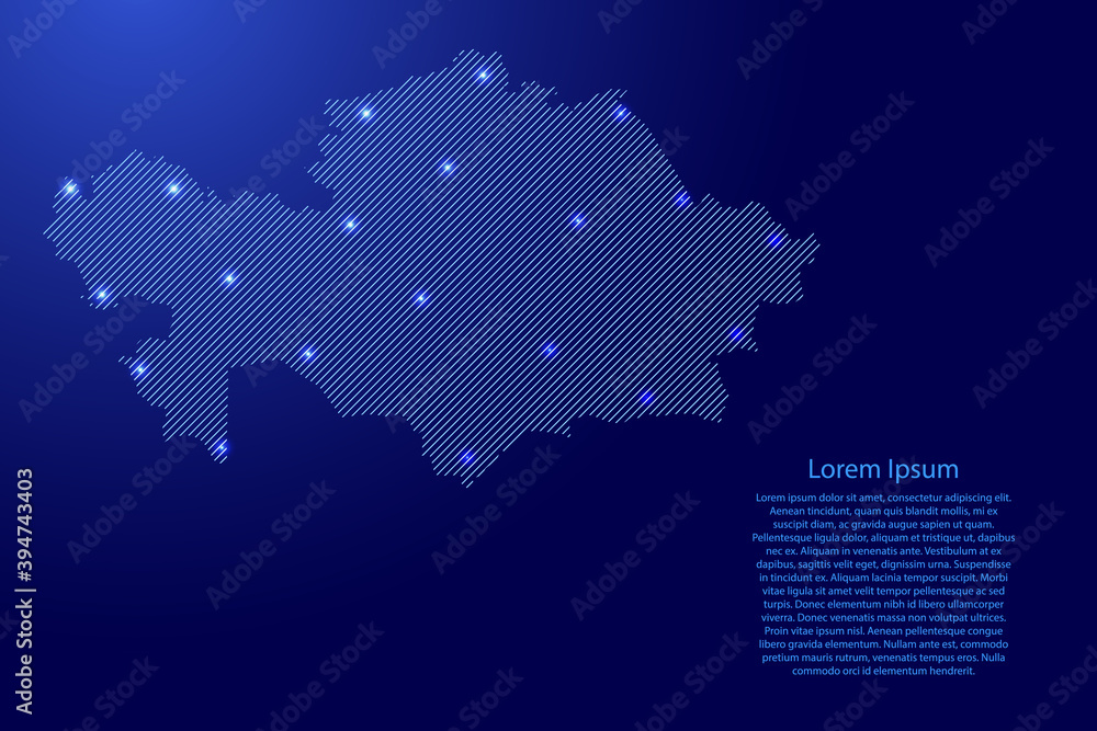 Poster kazakhstan map from blue pattern slanted parallel lines and glowing space stars grid. vector illustr
