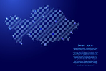 Kazakhstan map from blue pattern slanted parallel lines and glowing space stars grid. Vector illustration.