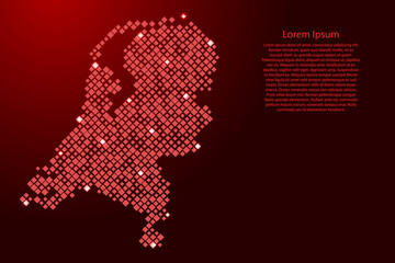Netherlands map from red pattern rhombuses of different sizes and glowing space stars grid. Vector illustration.