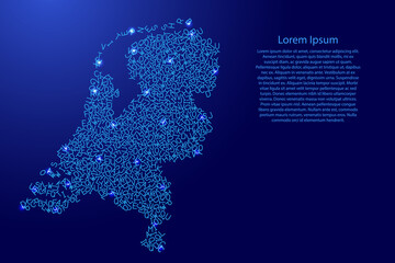 Netherlands map from blue pattern latin alphabet scattered letters and glowing space stars grid. Vector illustration.