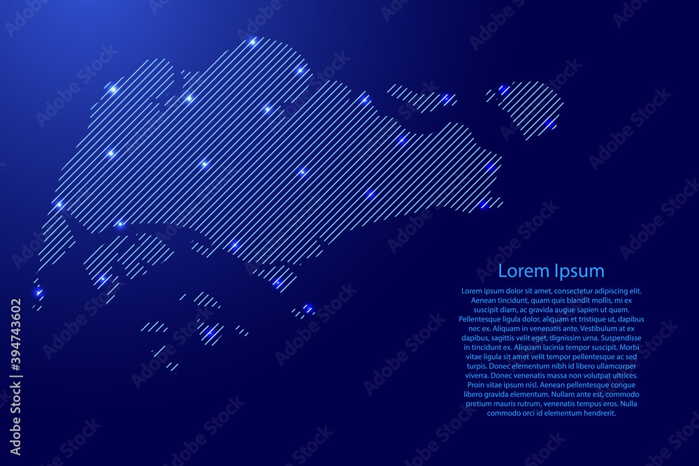 Poster singapore map from blue pattern slanted parallel lines and glowing space stars grid. vector illustra