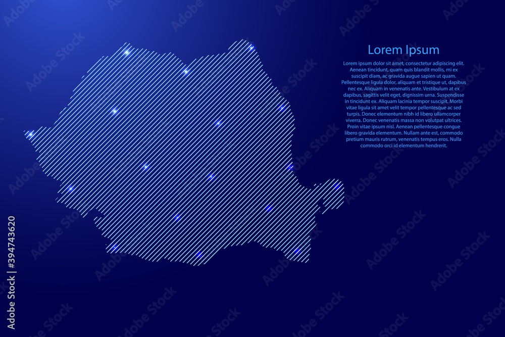 Poster romania map from blue pattern slanted parallel lines and glowing space stars grid. vector illustrati