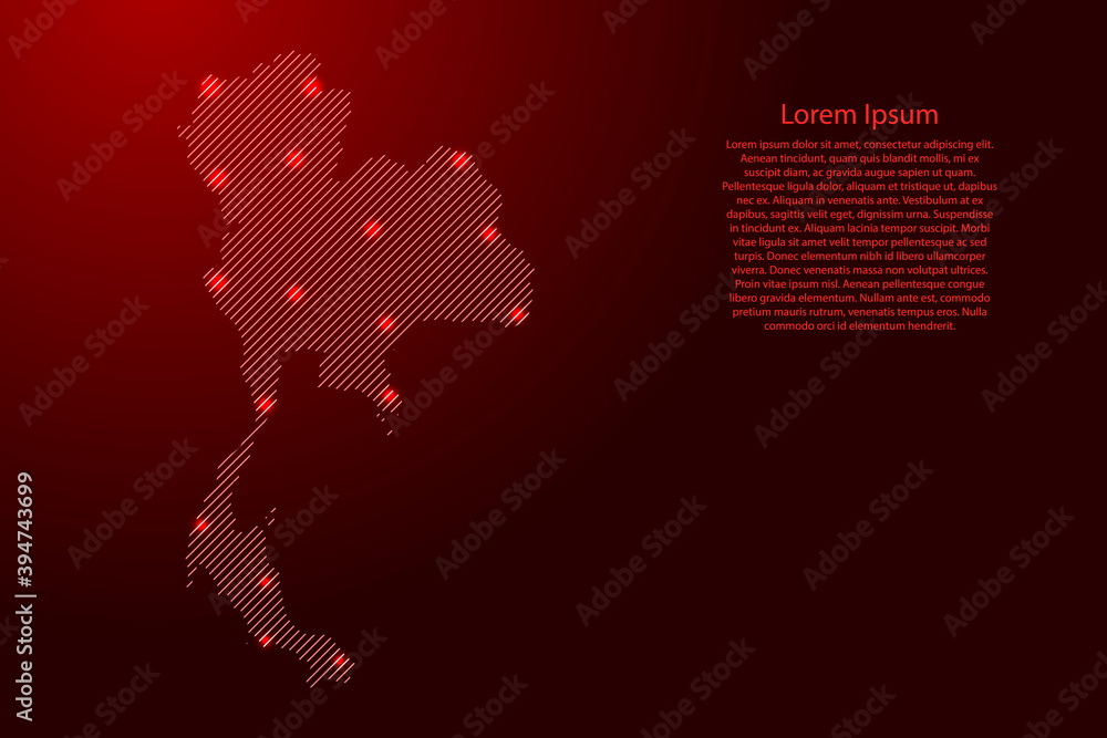 Poster thailand map from red pattern slanted parallel lines and glowing space stars grid. vector illustrati