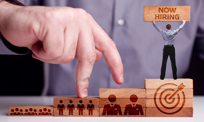 Business, Technology, Internet and network concept. NOW HIRING inscription, modern technology...