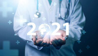 Medical Technology on 2021 target set goals achievement new year resolution, doctor health care...
