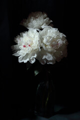Peony bouquet, dark moody floral composition in baroque artistic style, vertical, art design concept