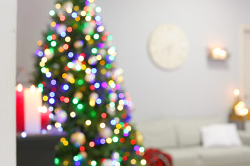 Interior of living room decorated for Christmas, blurred view
