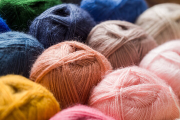 Trendy palette of colorful yarn wool for handmade