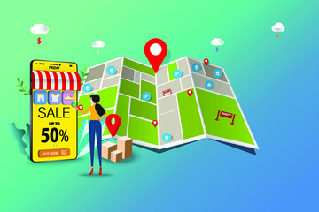 Obraz premium Business concept of online shopping, young woman wear a medical white mask and touch on icon of smart phone to order a new shoe in a background of big map and marker in perspective view.