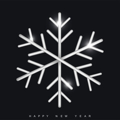 Happy New Year or Xmas card with silver snowflake on black background. Vector.